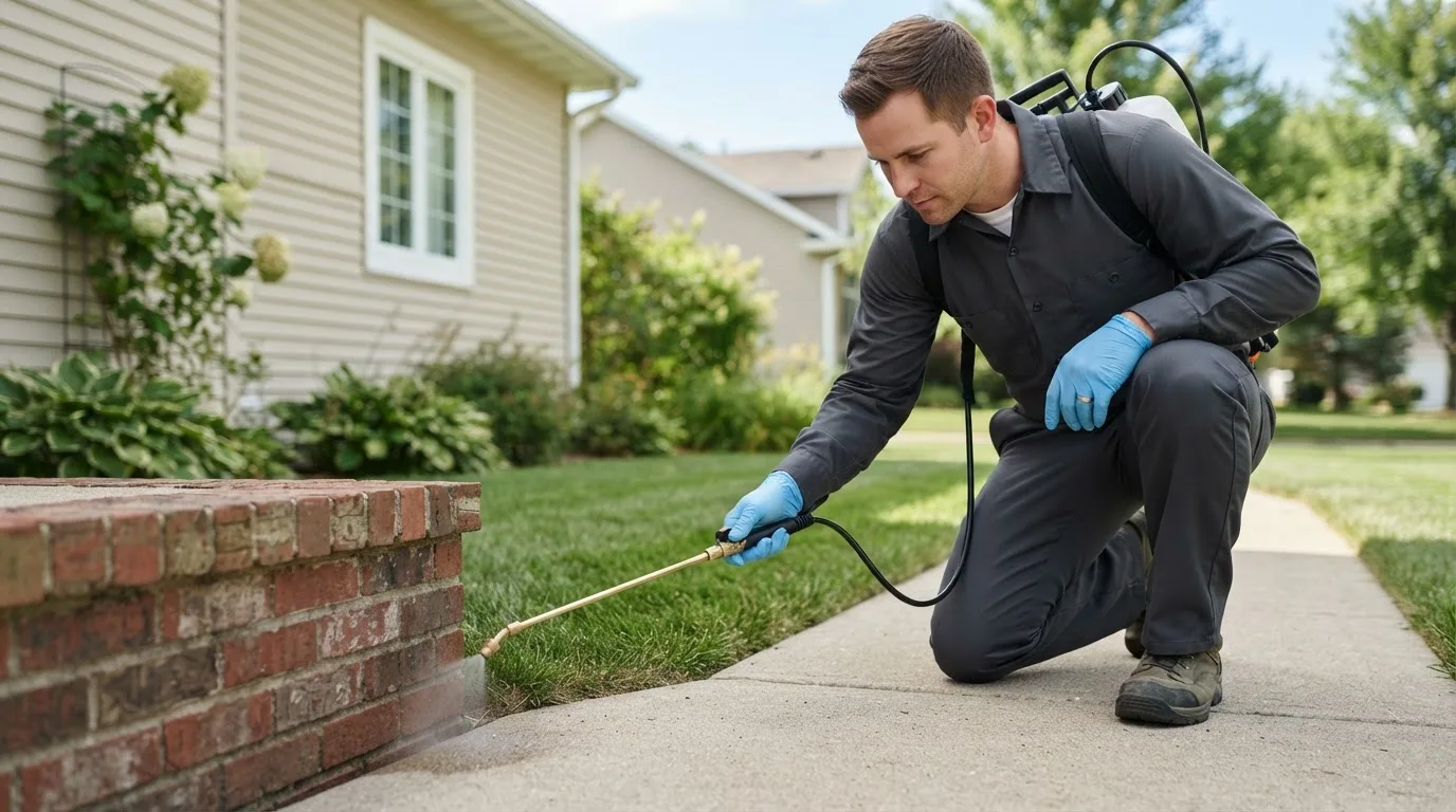 Pest control technician treating a home near West Valley, NY